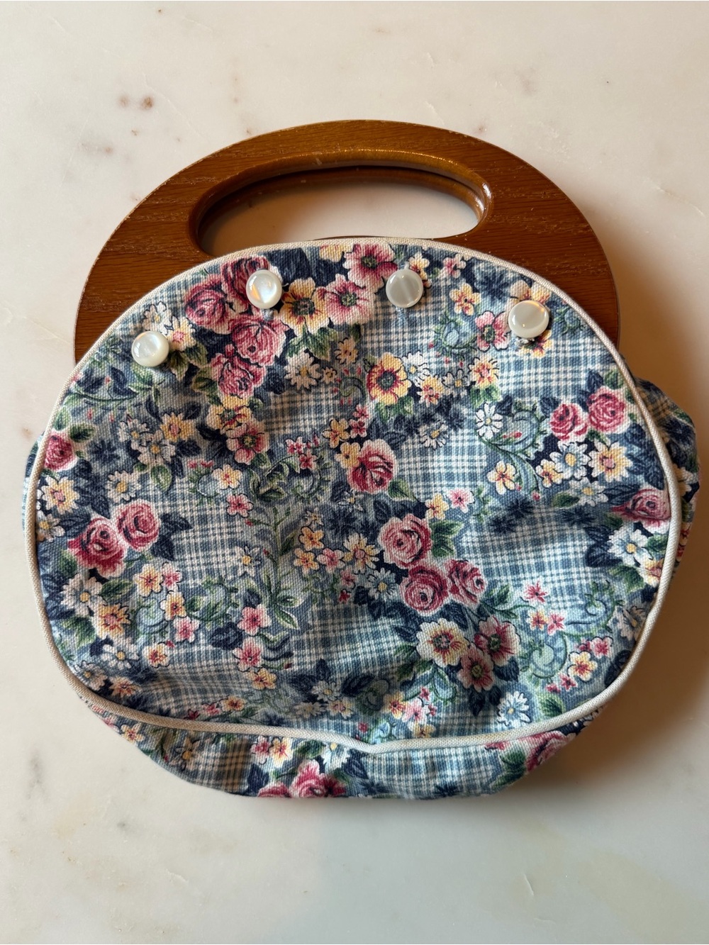 Vintage Floral Tapestry Wood Handle Clamshell Purse Blue Plaid Rose Cottagecore